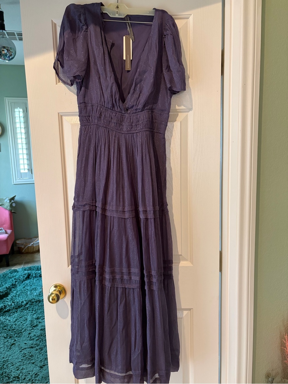 Anthropologie Lavender Tiered Maxi Dress with V-Neck MISSING LATCH